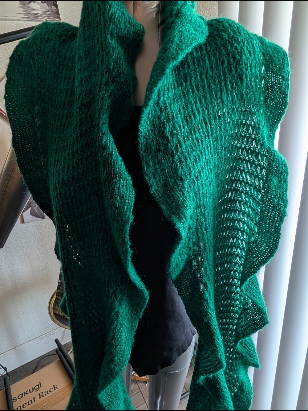 Emerald Green Open Knit Ruffled Shawl - Picture 2 of 7
